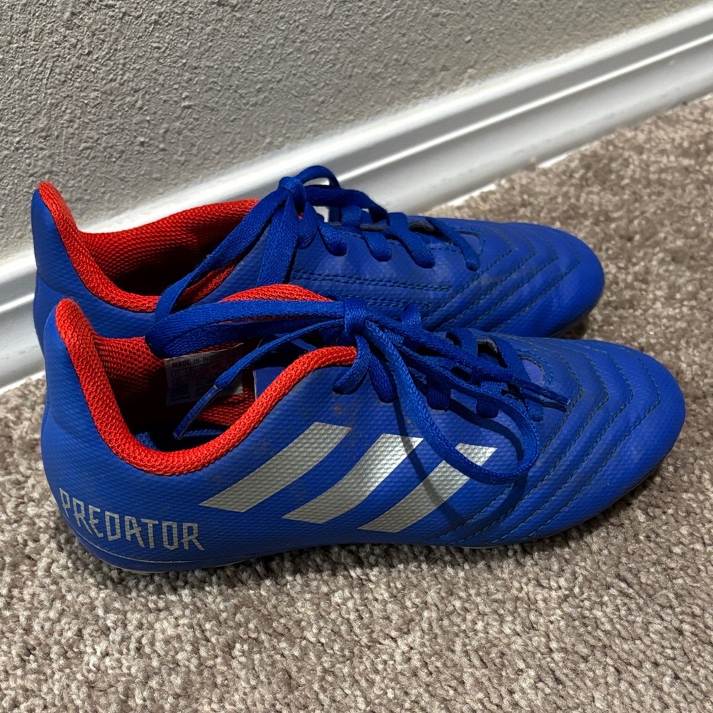 adidas Predator Kids Soccer Shoes Blue with Red and Silver Accents